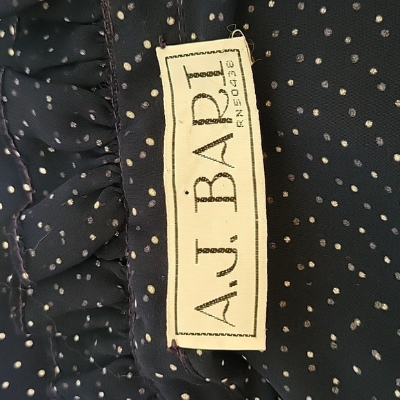 VTG AJ BARI Navy Pin Dot Chiffon Blouson Ruffle Bow Tie Castlecore Shirt Dress - Picture 9 of 10